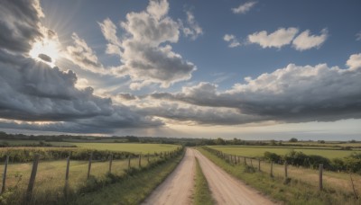 outdoors,sky,day,cloud,tree,blue sky,no humans,sunlight,cloudy sky,grass,scenery,sunset,mountain,fence,sun,horizon,road,field,landscape,path,hill