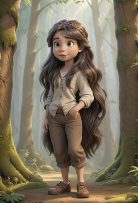 1girl,solo,long hair,looking at viewer,smile,brown hair,shirt,long sleeves,brown eyes,very long hair,closed mouth,standing,full body,white shirt,braid,outdoors,shoes,day,belt,pants,artist name,flat chest,tree,lips,buttons,brown footwear,sunlight,thick eyebrows,child,nature,forest,freckles,hand in pocket,crown braid,brown pants,mushroom,necklace,wavy hair,grass,sleeves rolled up,capri pants