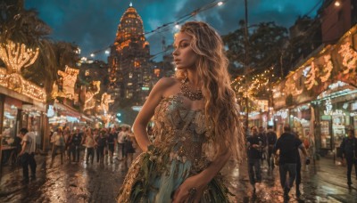 1girl,long hair,blonde hair,brown hair,dress,bare shoulders,jewelry,outdoors,multiple boys,sky,solo focus,dark skin,necklace,dark-skinned female,lips,strapless,night,wavy hair,arms behind back,formal,ring,building,night sky,strapless dress,6+boys,city,realistic,fantasy,road,lamppost,street,crowd,people,real world location,multiple girls,bag,makeup,6+girls,scenery,walking,lantern,cityscape,lights