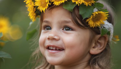 1girl,solo,smile,open mouth,brown hair,hair ornament,flower,teeth,hair flower,blurry,lips,depth of field,blurry background,leaf,portrait,realistic,yellow flower,sunflower,head wreath,long hair,close-up,nose