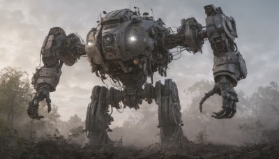 solo,outdoors,sky,cloud,tree,no humans,glowing,cloudy sky,robot,nature,mecha,claws,forest,science fiction,realistic,open hands,fog,non-humanoid robot,standing,signature,scenery,machinery