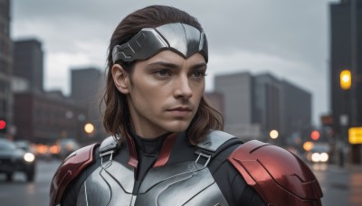 solo,brown hair,1boy,brown eyes,closed mouth,upper body,male focus,outdoors,medium hair,armor,blurry,lips,looking to the side,depth of field,blurry background,facial hair,building,motor vehicle,science fiction,city,realistic,stubble,car,superhero,bodysuit,headgear,ground vehicle,portrait,animification,power armor