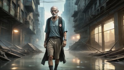 HQ,solo,looking at viewer,shirt,1boy,jewelry,standing,white hair,short sleeves,grey hair,male focus,boots,outdoors,shorts,belt,water,necklace,bracelet,window,tattoo,facial hair,scar,sunglasses,blue shirt,t-shirt,building,scenery,beard,pendant,reflection,walking,science fiction,watch,city,realistic,mustache,wristwatch,bald,ruins,old,brown shorts,old man,watercraft