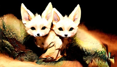 HQ,looking at viewer,black eyes,no humans,animal,leaf,grass,plant,black background,nature,dog,animal focus,white fur,sitting,closed mouth,signature,cat,fox