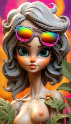 1girl,solo,long hair,breasts,looking at viewer,closed mouth,nipples,green eyes,collarbone,upper body,grey hair,nude,small breasts,artist name,medium hair,blurry,lips,eyelashes,makeup,leaf,watermark,sunglasses,plant,eyewear on head,eyeshadow,freckles,curly hair,tinted eyewear,brown hair,medium breasts,food,fruit,topless,nose