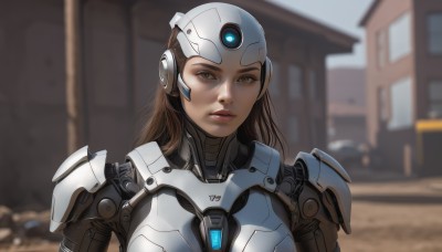 1girl,solo,long hair,looking at viewer,brown hair,brown eyes,upper body,outdoors,parted lips,armor,blurry,lips,bodysuit,blurry background,headgear,helmet,building,motor vehicle,science fiction,realistic,nose,cyborg,power armor,day,dark skin,official alternate costume,dark-skinned female,eyelashes,makeup,portrait