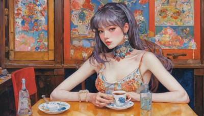 1girl,solo,long hair,breasts,looking at viewer,blush,bangs,black hair,dress,holding,bare shoulders,twintails,jewelry,sitting,underwear,collarbone,upper body,purple hair,earrings,parted lips,food,sleeveless,choker,indoors,nail polish,bra,black eyes,collar,bracelet,cup,lips,dutch angle,window,makeup,chair,floral print,table,ring,bottle,holding cup,camisole,plate,blue nails,teacup,realistic,spoon,red lips,spaghetti strap,teapot,tea,saucer,pov across table,hairband,necklace,fingernails,beads,nose,bead bracelet