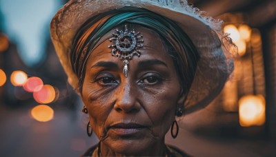 1girl,solo,looking at viewer,hat,brown eyes,jewelry,earrings,parted lips,teeth,dark skin,blurry,black eyes,dark-skinned female,lips,depth of field,blurry background,portrait,hoop earrings,realistic,bokeh,very dark skin,old woman,wrinkled skin,short hair,black hair,closed mouth,aqua hair,facial hair,brown headwear,straw hat