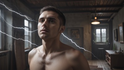 solo,short hair,black hair,1boy,brown eyes,closed mouth,upper body,male focus,nude,indoors,blurry,black eyes,window,blood,muscular,facial hair,chair,pectorals,topless male,realistic,lamp,nosebleed,chest hair,brown hair,day,blurry background,sunlight,muscular male,portrait,bara,meme,electricity,light