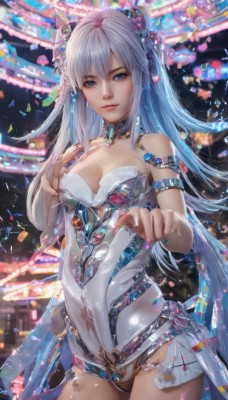 1girl,solo,long hair,breasts,looking at viewer,smile,bangs,blue eyes,hair ornament,cleavage,hair between eyes,bare shoulders,jewelry,medium breasts,blue hair,standing,white hair,multicolored hair,cowboy shot,small breasts,parted lips,choker,nail polish,blurry,leotard,two side up,lips,fingernails,strapless,detached collar,armlet,strapless leotard,blue nails,realistic,nose,white leotard,confetti,closed mouth,grey hair,artist name,hair flower,watermark,gem,showgirl skirt