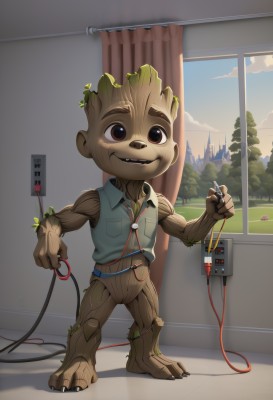 solo,smile,1boy,brown eyes,standing,full body,male focus,sky,teeth,indoors,tree,no humans,window,plant,curtains,furry,cable,furry male,male child,alien,looking at viewer,open mouth,sleeveless,cloud,vest,muscular,claws,buck teeth