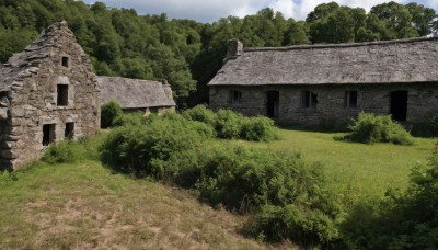 outdoors,sky,day,cloud,tree,blue sky,no humans,window,grass,building,nature,scenery,forest,road,bush,wall,ruins,house,cloudy sky,rock,moss