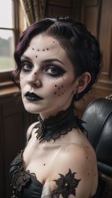 1girl,solo,breasts,looking at viewer,short hair,black hair,dress,cleavage,bare shoulders,jewelry,upper body,earrings,small breasts,parted lips,choker,artist name,indoors,mole,blurry,black eyes,black dress,lips,grey eyes,tattoo,makeup,blurry background,watermark,chair,bandages,piercing,lipstick,eyeshadow,freckles,mascara,gothic,black lips,body freckles,medium breasts,eyelashes,pale skin,web address,realistic