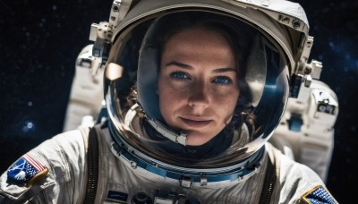 1girl,solo,looking at viewer,smile,blue eyes,brown hair,black hair,1boy,closed mouth,upper body,blurry,lips,depth of field,blurry background,helmet,portrait,star (sky),freckles,reflection,realistic,space,straight-on,planet,american flag,spacesuit,space helmet,astronaut,science fiction,earth (planet),spacecraft