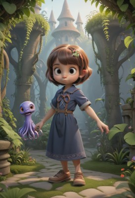 1girl,solo,looking at viewer,smile,short hair,bangs,brown hair,hair ornament,dress,ribbon,holding,brown eyes,closed mouth,standing,full body,flower,short sleeves,hairband,outdoors,shoes,day,belt,tree,blue dress,leaf,brown footwear,grass,plant,building,child,tentacles,female child,vines,mushroom,blue eyes,hair flower,stairs,creature