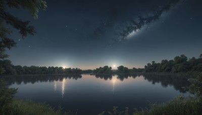 outdoors,sky,cloud,water,tree,no humans,night,moon,grass,star (sky),nature,night sky,scenery,forest,starry sky,reflection,river,lake