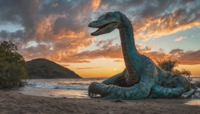 solo,open mouth,red eyes,tail,outdoors,sky,teeth,cloud,water,tree,pokemon (creature),no humans,cloudy sky,sharp teeth,nature,scenery,claws,sunset,rock,mountain,realistic,scales,dinosaur,ocean,animal,beach,monster,sand,kaijuu