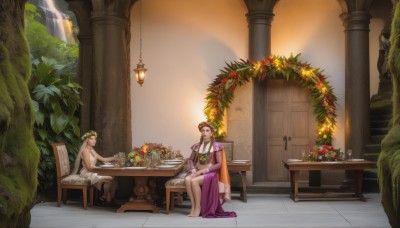 1girl,long hair,smile,black hair,hair ornament,long sleeves,1boy,dress,jewelry,sitting,closed eyes,flower,barefoot,indoors,cape,tree,cup,chair,table,plant,scenery,purple dress,tiles,potted plant,lamp,head wreath,tile floor,pillar,vase,statue,column,brown hair,food,water,necklace,fruit,parody,candle,christmas tree,waterfall,arch,wreath,tablecloth,fountain