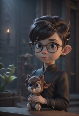 1girl,solo,looking at viewer,short hair,bangs,brown hair,shirt,black hair,hair ornament,long sleeves,holding,brown eyes,jewelry,closed mouth,upper body,earrings,glasses,hairclip,indoors,blurry,lips,black shirt,depth of field,blurry background,swept bangs,animal,table,plant,black-framed eyewear,nose,round eyewear,potted plant,candle,holding animal,smile,blue eyes,animal ears,sitting,artist name,black eyes,makeup,thick eyebrows,candlestand,candlelight