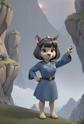 1girl,solo,looking at viewer,smile,short hair,bangs,blue eyes,black hair,long sleeves,animal ears,closed mouth,standing,full body,flower,outdoors,sky,barefoot,day,belt,artist name,cloud,hand up,signature,blunt bangs,uniform,black eyes,arm up,coat,hand on hip,military,military uniform,buttons,grass,tiara,child,black nails,furry,pocket,black belt,furry female,sun,female child,breast pocket,blue coat,snout,breasts,open mouth,teeth,blue sky,sandals,bob cut,cloudy sky,crown,epaulettes,mountain,brown fur