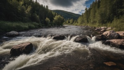 outdoors,sky,day,cloud,water,tree,no humans,cloudy sky,nature,scenery,forest,rock,mountain,river,waves,waterfall,landscape,blue sky,ocean,grass