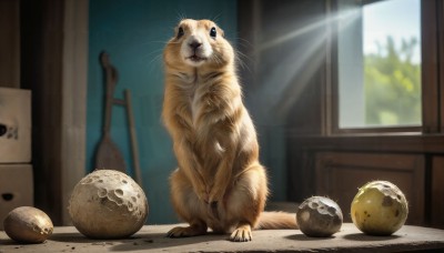 HQ,full body,day,indoors,blurry,black eyes,no humans,window,depth of field,blurry background,animal,sunlight,cat,ball,realistic,animal focus,whiskers,looking at viewer,standing,tree,box,light rays,cardboard box