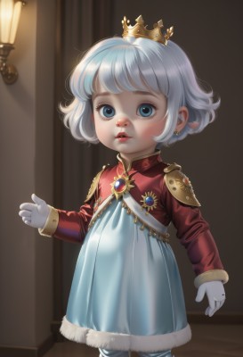 1girl,solo,looking at viewer,short hair,bangs,blue eyes,gloves,long sleeves,dress,jewelry,standing,jacket,white hair,grey hair,earrings,parted lips,indoors,white gloves,lips,fur trim,blue dress,crown,brooch,child,female child,blush,realistic,mini crown