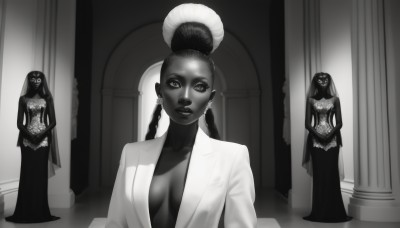 1girl,solo,long hair,breasts,looking at viewer,multiple girls,large breasts,dress,cleavage,jewelry,medium breasts,standing,collarbone,monochrome,braid,greyscale,earrings,open clothes,dark skin,3girls,hair bun,black dress,twin braids,dark-skinned female,lips,no bra,formal,lipstick,veil,breasts apart,spot color,center opening,long dress,pillar,statue,very dark skin,black skin,dreadlocks,plunging neckline,upper body,makeup,own hands together