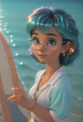 1girl,solo,breasts,looking at viewer,smile,short hair,bangs,blue eyes,shirt,jewelry,blue hair,collarbone,white shirt,upper body,short sleeves,earrings,small breasts,outdoors,parted lips,glasses,day,shiny,collared shirt,belt,artist name,hand up,dark skin,water,necklace,nail polish,blurry,bracelet,aqua eyes,dark-skinned female,lips,fingernails,eyelashes,aqua hair,makeup,depth of field,blurry background,ocean,watermark,beach,thick eyebrows,blue shirt,web address,pendant,freckles,watch,nose,round eyewear,wristwatch,rimless eyewear,yellow-framed eyewear,cleavage,medium breasts,closed mouth,green eyes,piercing,stud earrings