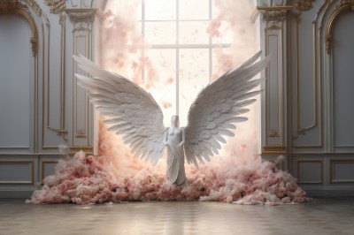 PREMIUM,solo,1boy,standing,flower,male focus,wings,indoors,from behind,window,rose,halo,cross,scenery,feathered wings,pink flower,angel wings,white wings,angel,facing away,wide shot,pink rose,pillar,statue,church,1girl,long hair,dress,white hair,nude,barefoot,white dress,blood,red flower,reflection,wooden floor,door,death,multiple wings,reflective floor,large wings