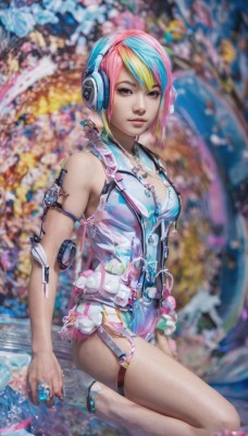 1girl,solo,breasts,looking at viewer,short hair,cleavage,jewelry,medium breasts,sitting,blue hair,pink hair,flower,multicolored hair,barefoot,necklace,nail polish,blurry,two-tone hair,lips,kneeling,tattoo,makeup,blurry background,headphones,garter straps,ring,realistic,nose,blonde hair