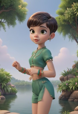 1girl,solo,breasts,looking at viewer,short hair,bangs,skirt,brown hair,shirt,black hair,navel,brown eyes,jewelry,green eyes,standing,flower,short sleeves,cowboy shot,earrings,small breasts,outdoors,parted lips,sky,shorts,day,midriff,artist name,cloud,water,necklace,flat chest,bracelet,tree,blue sky,lips,crop top,grass,plant,green skirt,child,nature,side slit,wading,freckles,rock,nose,green shirt,female child,bangle,green shorts,river,pond,open mouth,teeth,dark-skinned female