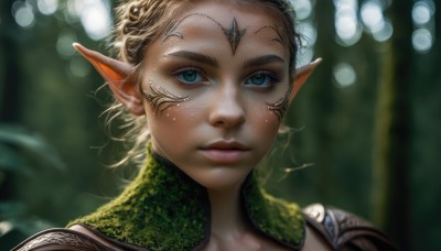 1girl,solo,looking at viewer,short hair,blue eyes,blonde hair,closed mouth,green eyes,pointy ears,armor,blurry,lips,eyelashes,depth of field,blurry background,elf,portrait,close-up,freckles,circlet,realistic,nose,facial mark,nature,fantasy