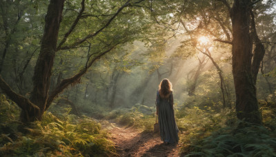 1girl, solo, long hair, brown hair, standing, outdoors, from behind, tree, sunlight, grass, nature, scenery, forest, path