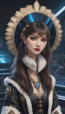 1girl,solo,long hair,breasts,looking at viewer,bangs,brown hair,hair ornament,cleavage,brown eyes,jewelry,medium breasts,closed mouth,upper body,earrings,necklace,lips,coat,grey eyes,fur trim,eyelashes,makeup,lipstick,gem,pendant,eyeshadow,nose,red lips,eyeliner,jacket,artist name,fur collar,realistic