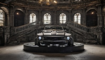 indoors,no humans,window,ground vehicle,scenery,motor vehicle,stairs,railing,car,light,architecture,bridge,vehicle focus,lights,church,arch,chandelier,sports car