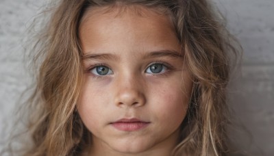 1girl,solo,long hair,looking at viewer,blue eyes,blonde hair,brown hair,closed mouth,lips,grey eyes,eyelashes,expressionless,messy hair,portrait,close-up,forehead,freckles,realistic,nose,green eyes,blurry