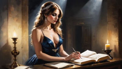 1girl,solo,long hair,breasts,blonde hair,brown hair,hair ornament,dress,holding,cleavage,bare shoulders,brown eyes,jewelry,medium breasts,sitting,collarbone,closed eyes,earrings,sleeveless,indoors,lips,book,no bra,makeup,blue dress,wavy hair,lipstick,paper,open book,nose,pen,light,candle,writing,closed mouth,artist name,sleeveless dress,watermark,table,sunlight,spaghetti strap,head wreath,pencil,candlestand,candlelight