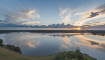 outdoors,sky,day,cloud,water,tree,blue sky,no humans,sunlight,cloudy sky,grass,nature,scenery,forest,reflection,sunset,mountain,sun,horizon,river,landscape,lake,hill,reflective water