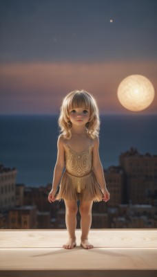 1girl,solo,long hair,looking at viewer,smile,blue eyes,skirt,blonde hair,dress,standing,panties,full body,outdoors,sky,barefoot,blurry,flat chest,feet,lips,see-through,loli,toes,night,blurry background,moon,full moon,arms at sides,brown hair,child,city,cityscape