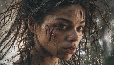 1girl,solo,long hair,looking at viewer,brown hair,black hair,brown eyes,closed mouth,dark skin,blurry,black eyes,dark-skinned female,lips,blood,messy hair,portrait,rain,injury,blood on face,realistic,nose,dirty,dirty face,outdoors,parted lips,tree,nature,close-up,forest,freckles,branch