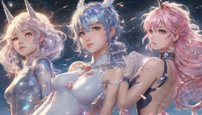 long hair,breasts,looking at viewer,short hair,bangs,multiple girls,hair ornament,gloves,dress,bare shoulders,brown eyes,jewelry,medium breasts,closed mouth,blue hair,upper body,pink hair,white hair,parted lips,horns,sky,sleeveless,white gloves,3girls,white dress,lips,grey eyes,bodysuit,floating hair,sleeveless dress,holding hands,tiara,star (sky),starry sky,backless outfit,hand on another's shoulder,shooting star,constellation,shiny,medium hair,skin tight,armlet