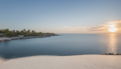 outdoors,sky,day,cloud,water,tree,blue sky,no humans,ocean,beach,sunlight,scenery,sunset,sand,palm tree,sun,horizon,gradient sky,shore,sunrise,nature,forest,military vehicle,waves,island