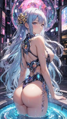 1girl,solo,long hair,breasts,looking at viewer,blush,bangs,blue eyes,large breasts,hair ornament,bare shoulders,very long hair,closed mouth,blue hair,standing,swimsuit,ass,flower,white hair,sidelocks,thighs,cowboy shot,looking back,hair flower,water,from behind,leotard,wet,one-piece swimsuit,bare arms,sideboob,tattoo,back,highleg,revealing clothes,wading,highleg leotard,arms at sides,pool,nipples,expressionless,reflection