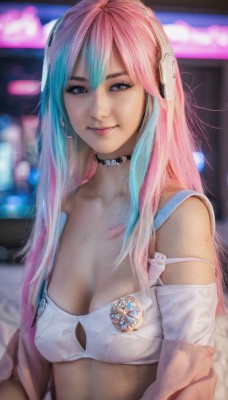 1girl,solo,long hair,breasts,looking at viewer,smile,bangs,blue eyes,cleavage,bare shoulders,jewelry,medium breasts,closed mouth,underwear,blue hair,collarbone,jacket,upper body,pink hair,multicolored hair,choker,off shoulder,bra,mole,blurry,black eyes,two-tone hair,lips,crop top,grey eyes,aqua hair,gradient hair,makeup,blurry background,headphones,strap slip,freckles,white bra,mole on breast,realistic,nose,earrings,tongue,tongue out,black choker,badge