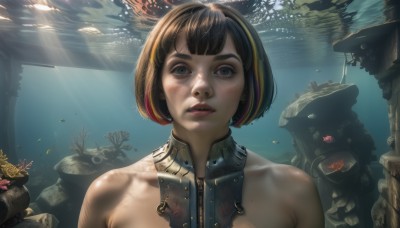 1girl,solo,looking at viewer,short hair,bangs,blonde hair,brown hair,black hair,bare shoulders,brown eyes,upper body,multicolored hair,parted lips,teeth,mole,black eyes,two-tone hair,lips,streaked hair,sunlight,bob cut,robot,portrait,freckles,fish,science fiction,bubble,light rays,underwater,realistic,nose,air bubble,sunbeam,coral,blue eyes,water,ruins,dirty