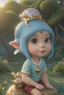 1girl,solo,looking at viewer,smile,short hair,shirt,brown eyes,jewelry,sitting,closed mouth,blue hair,short sleeves,earrings,outdoors,shorts,day,pointy ears,artist name,necklace,hair bun,blurry,tree,lips,depth of field,blurry background,feathers,crown,blue shirt,child,nature,freckles,female child,red shorts,jar,lalafell,hair ornament,leaf,watermark,single hair bun,web address,realistic