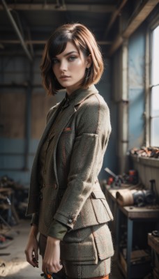 1girl,solo,looking at viewer,short hair,bangs,blue eyes,skirt,brown hair,shirt,black hair,long sleeves,holding,brown eyes,jewelry,closed mouth,standing,jacket,cowboy shot,necktie,day,collared shirt,indoors,nail polish,blurry,lips,grey eyes,military,window,buttons,depth of field,blurry background,swept bangs,formal,sunlight,bob cut,ring,suit,ground vehicle,grey skirt,pencil skirt,realistic,grey jacket,nose,earrings,shorts,signature,denim,black nails,freckles,leather,dirty,leather jacket,denim jacket