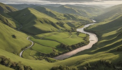 outdoors,sky,day,cloud,signature,tree,no humans,cloudy sky,grass,nature,scenery,forest,mountain,road,green theme,river,landscape,mountainous horizon,hill,water,ocean,from above,building,field,house,lake,path