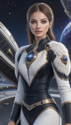 1girl,solo,long hair,breasts,looking at viewer,brown hair,long sleeves,brown eyes,jewelry,closed mouth,earrings,sky,pants,lips,fur trim,makeup,lipstick,gem,star (sky),science fiction,realistic,white pants,nose,red lips,space,planet,earth (planet),spacecraft,smile,medium breasts,braid,bodysuit,starry sky,freckles